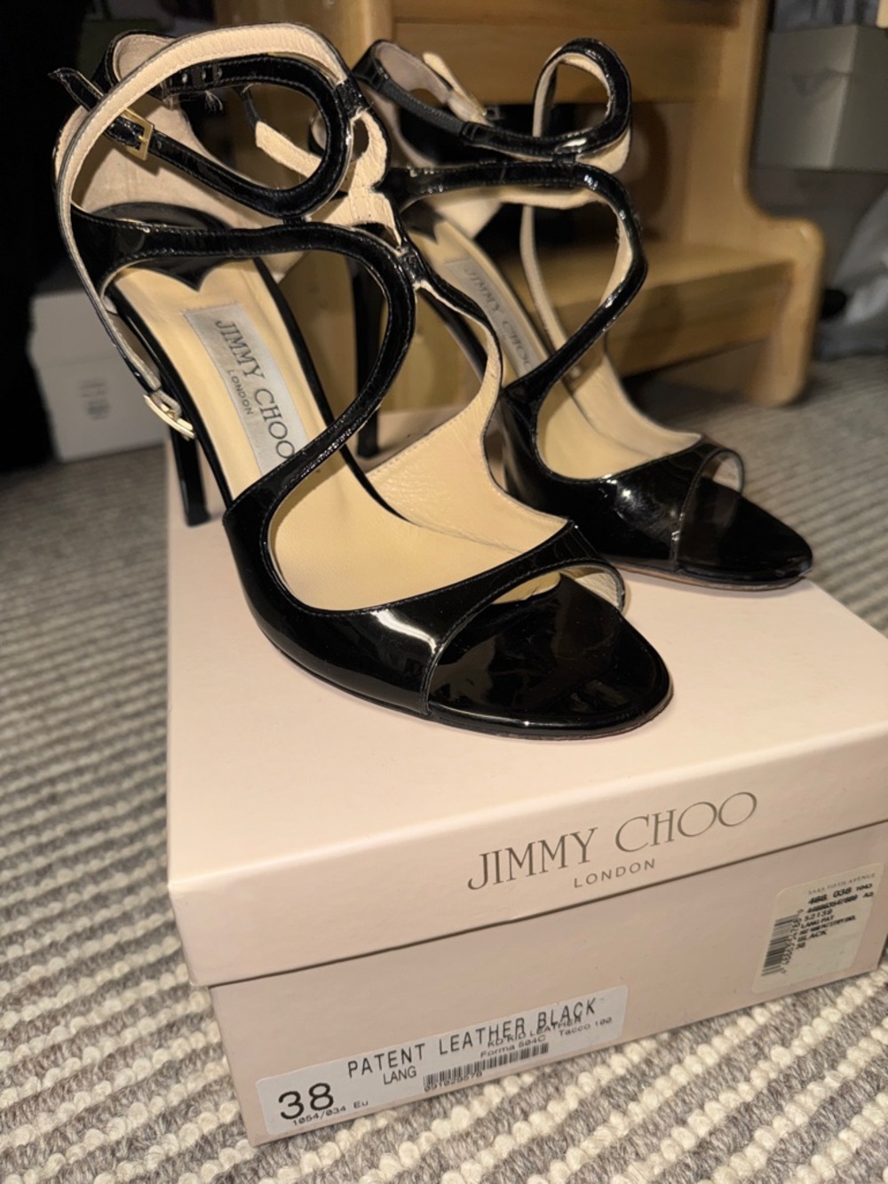 Jimmy Choo Black Patent Leather Strappy High Heel Sandals